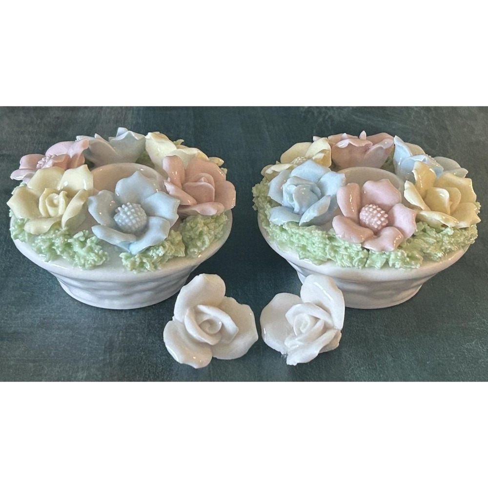 2 Norcrest Japan Porcelain Tapered Candle Holder Pastel Flowers Removable Center